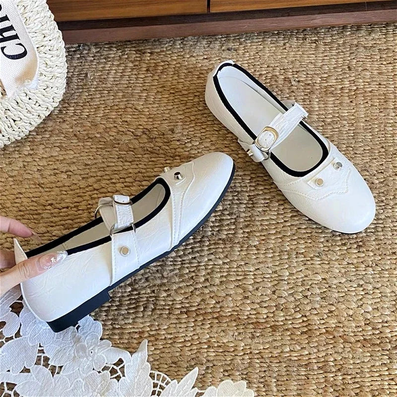 Rivet Decoration Mary Jane Shoes Retro Square Toe Comfort Soft Sole Ballet Flats Belt Buckle Shallow Shoe
