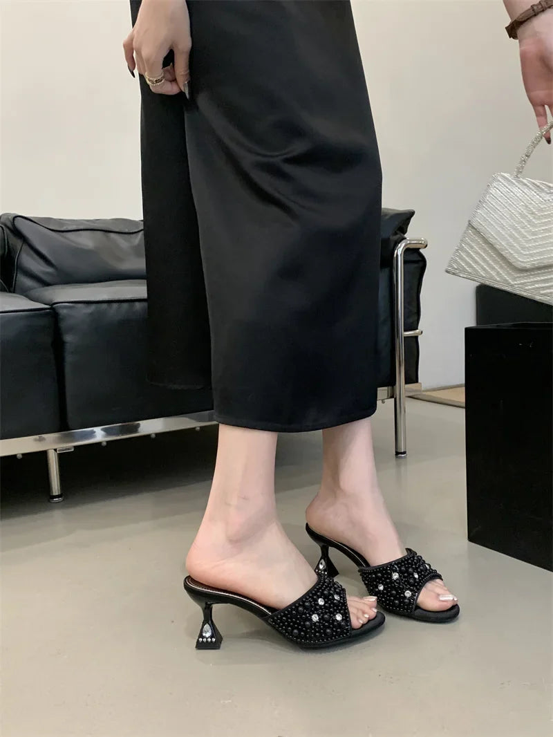 White Pearl Sandals Open Toe Crystal Rhinestone Low Heels Mules Party