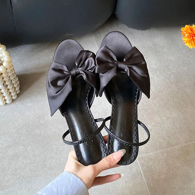 Butterfly-Knot Thin Heels Sandals Shoes Round Toe Footwear Elegant Heeled Sandals Slides Shoes