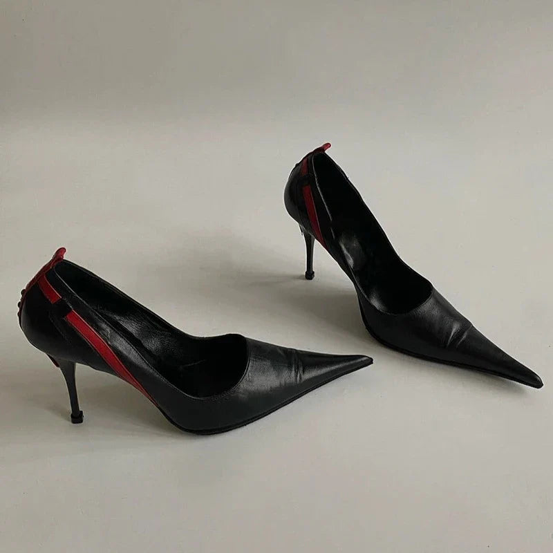 Pointed Toe Stiletto Rivet Decoration Shoes Black and Red Rome Shoes Slip-on Hand-made