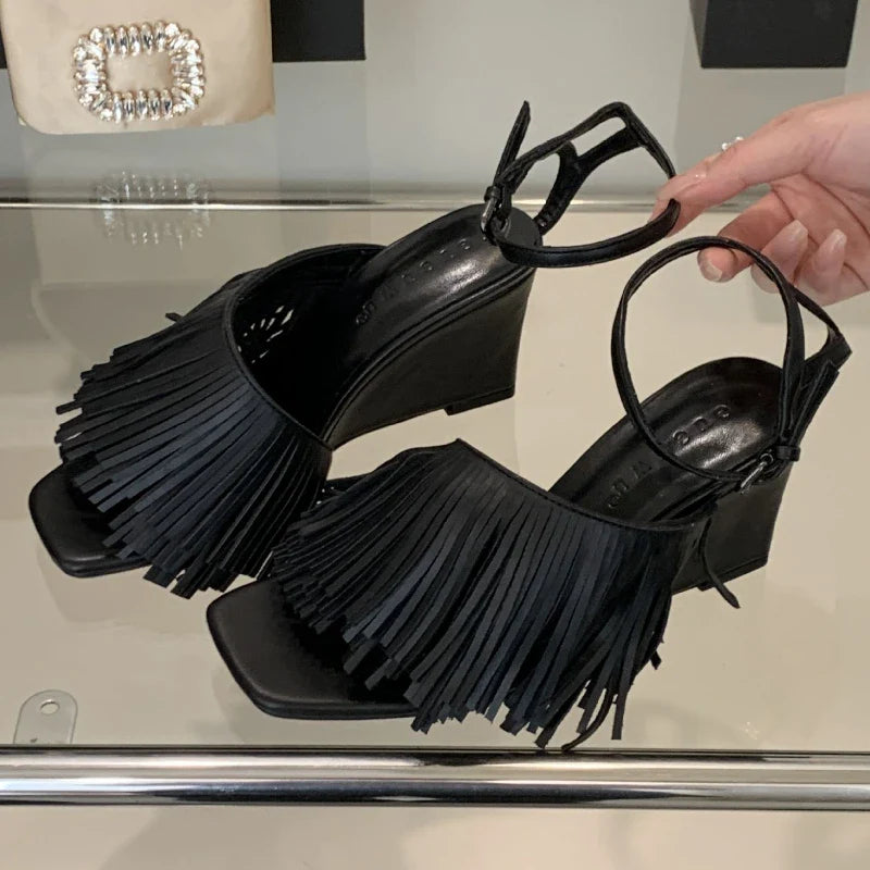 Tassels Wedge Sandals Open Toe Ankle Strap High Heels