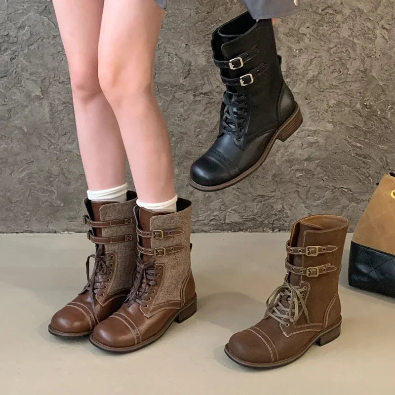 Design Narrow Band Lace-up Knee-High Boots Vintage Round Toe Square Low Heels Shoes