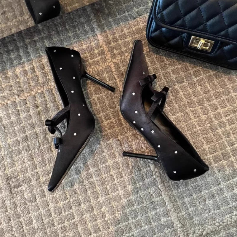 Thin Heel Shallow Mouth Single Shoes Banquet Bow Pointed Water Diamond Silk High Heels