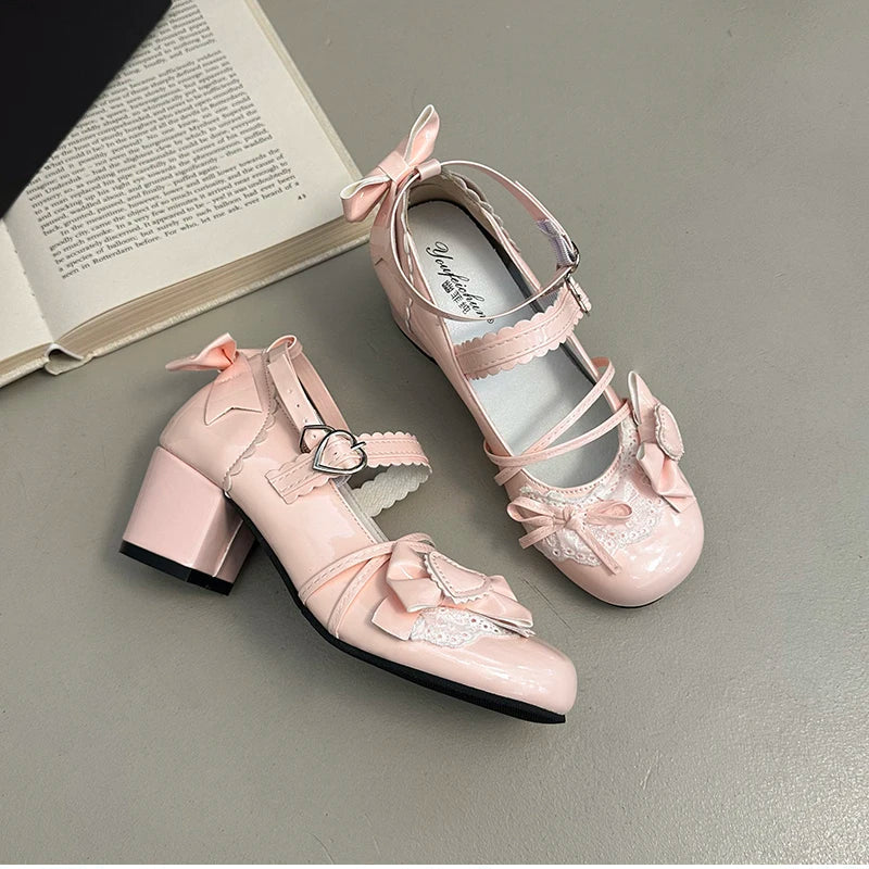 Butterfly-knot Lolita Mary Jane Shoes Elegant Round Toe Thick Heel Shoes Dress Pumps