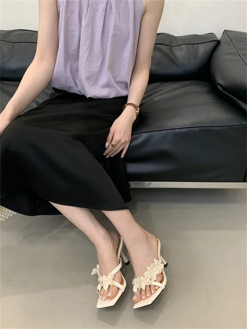 Yellow Silk Flowers Narrow Band Square Toe Mules Low Thin Heels Slippers Gladiator Sandals Shoes