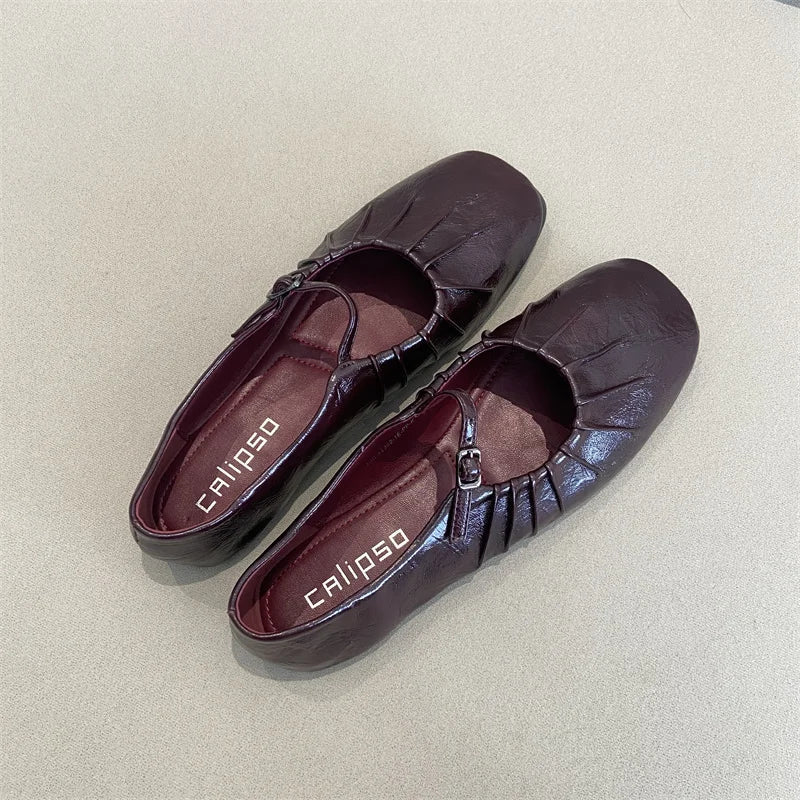 Pleated Mary Janes Flats Shoes Square Toe Pu Leather Comfortable Elegant Red Shoes Shallow Black Ballet Flats