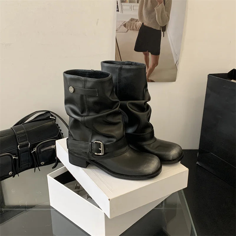 Black Boots Round Toe Chunky Heels Fall Shoes Belt Buckle Cowboy Boots