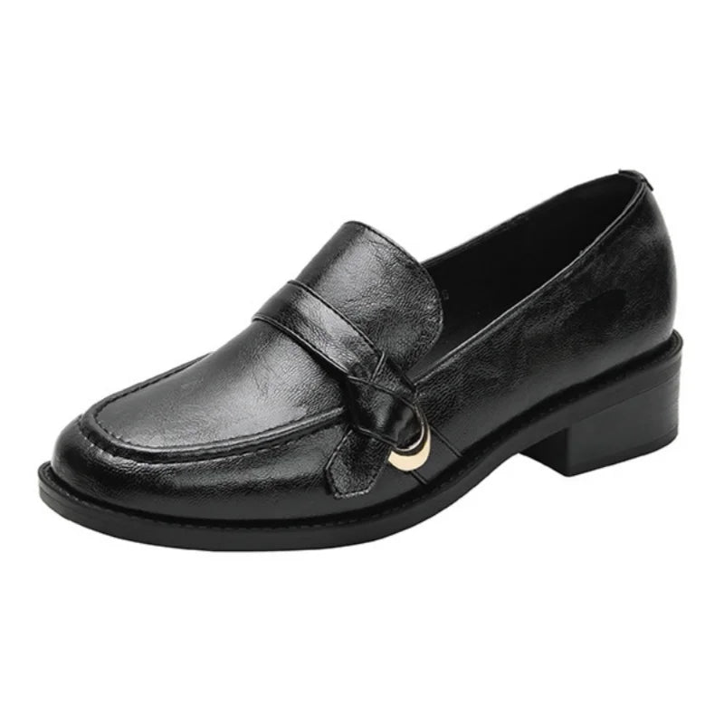 Cow Leather Metal Buckle Slip On Flat Shoes High Quality Comfortable Loafers Casual Versatile Daily Famale Shoes