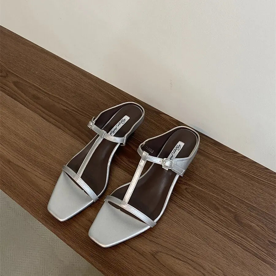 Slipper Square Heels Sandals Square Toe Party Wedding Shoes Slip On Beach Slides Mujer