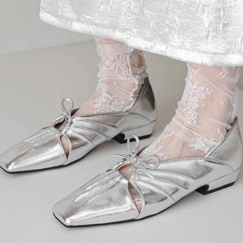 Pleated Hollow Mary Jane Style Shoes with Bow Design Flat Shoes Square Toe Casual Comfortable Outdoors Shoes Fashion