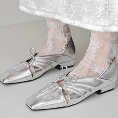 Pleated Hollow Mary Jane Style Shoes with Bow Design Flat Shoes Square Toe Casual Comfortable Outdoors Shoes Fashion