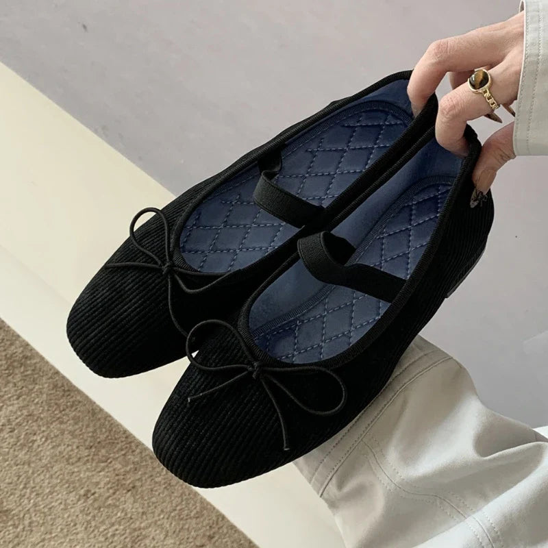 Sweet Butterfly Knot Stripe Design Mary Jane Shoes Comfortable Suede Elastic Band Casual Flats Elegant Brand Shoe
