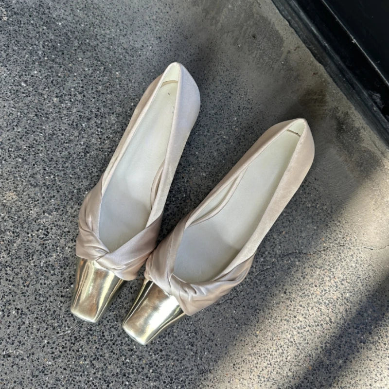 Metal Square Head Pumps Satin Flat Shoes Party Purple Comfy Casual FashionMueller Shoes