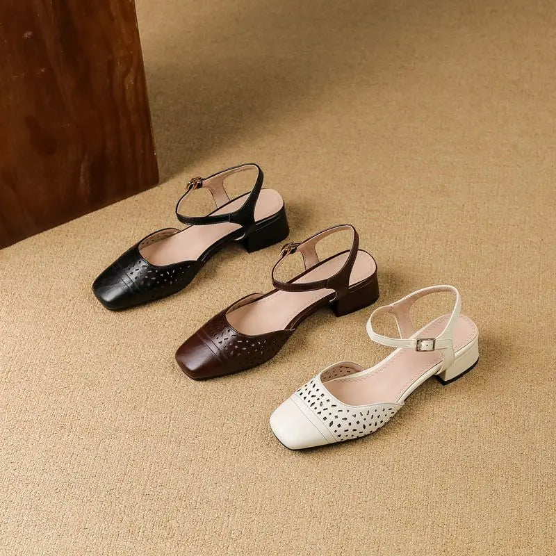 Vintage Square Toe Thick Heels 3.5cm Buckle Strap Breathable Small Size 31 32 33 Sweet Daily Shoes