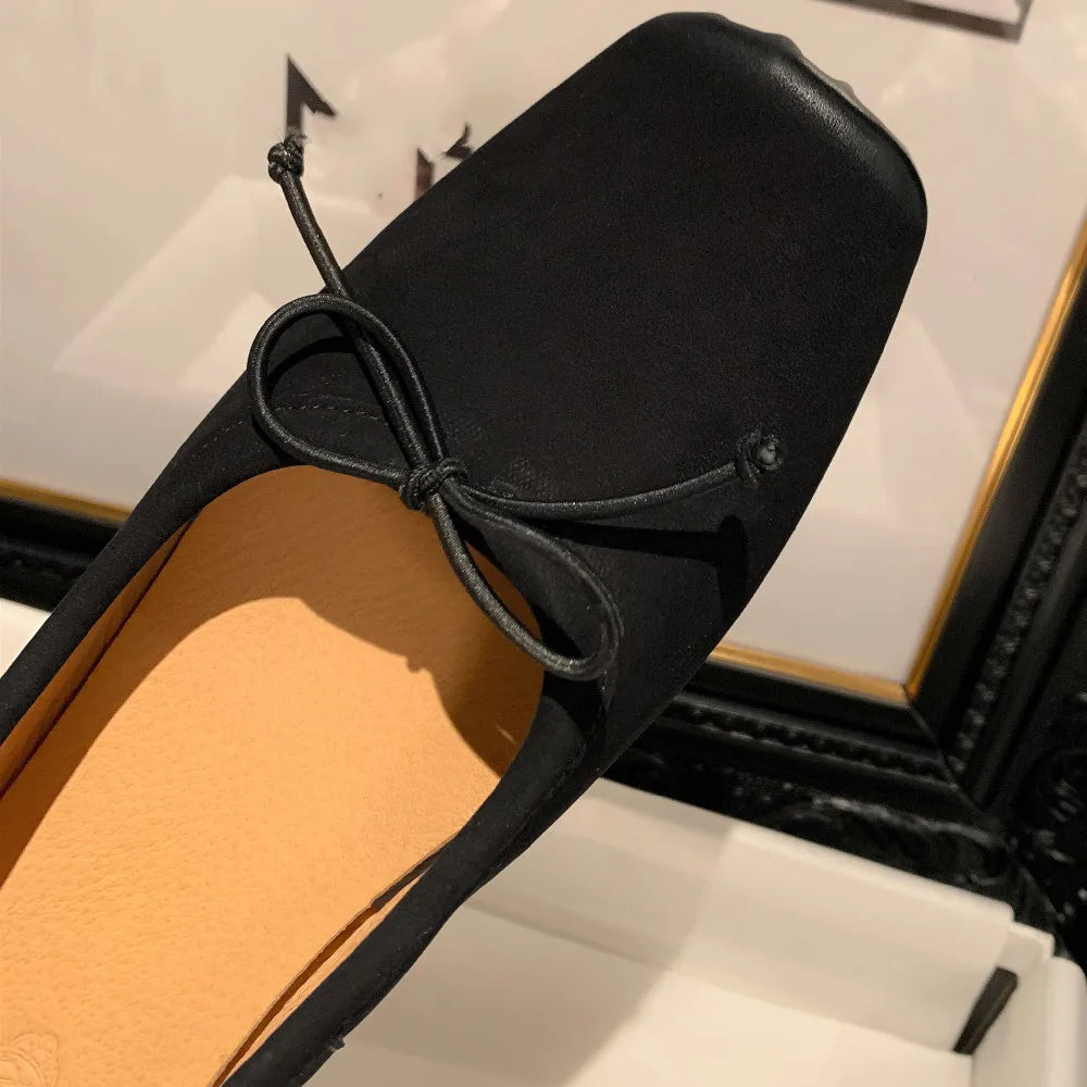 cow leather square toe slip-on ballet flats sweet bowtie casual high quality soft comfortable shoes