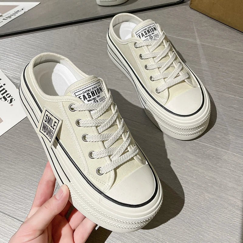 Canvas Platform Wedge Thick Slippers Lace Up Chunky Sneaker Casual Comfy High Brand Breathable Heightening Shoes