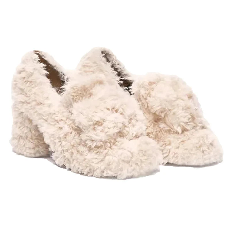 White Teddy Curly Fur Shoes High Heels with Velvet Outer Wear Thick Heels Mary Jane Single Shoes