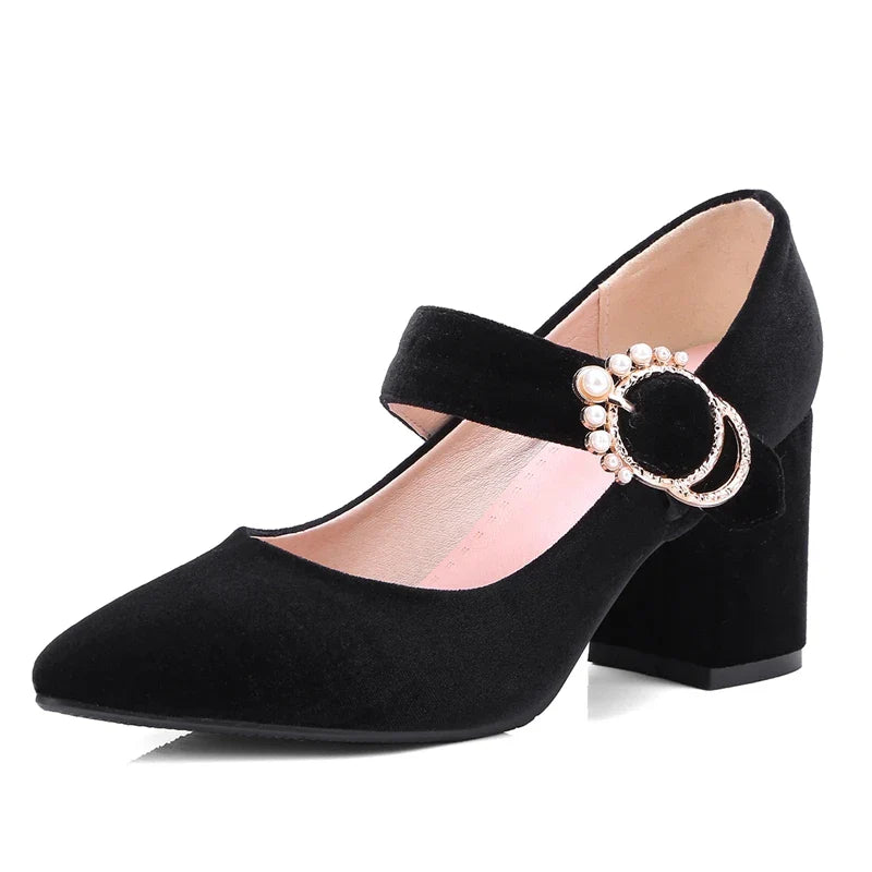 Velvet Mary Jane Shoes Pearls Buckle High-heeled Velour Green Burgundy Pumps Office Banquet Party 33-43