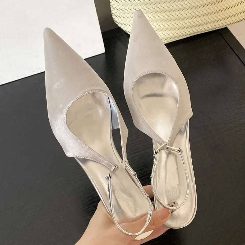 Satin Pointed Toe Mules Sandals High Quality Shallow Thin Low Heels