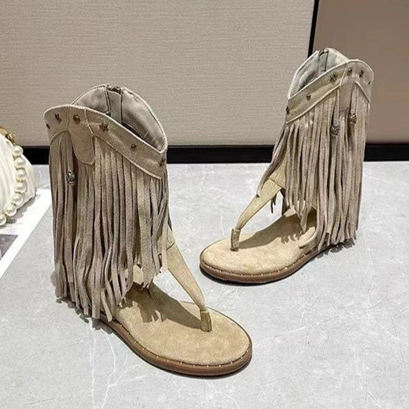 Fringe Ankle Cool Boots Sandals Flats Clip Toe Shoes Brand Casual Woman Zapatillas