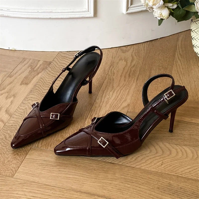 Street Style Buckle Strap Thin High Heels Pointed Toe Wedding Banquet Mule Shoes Zapatillas De Mujer