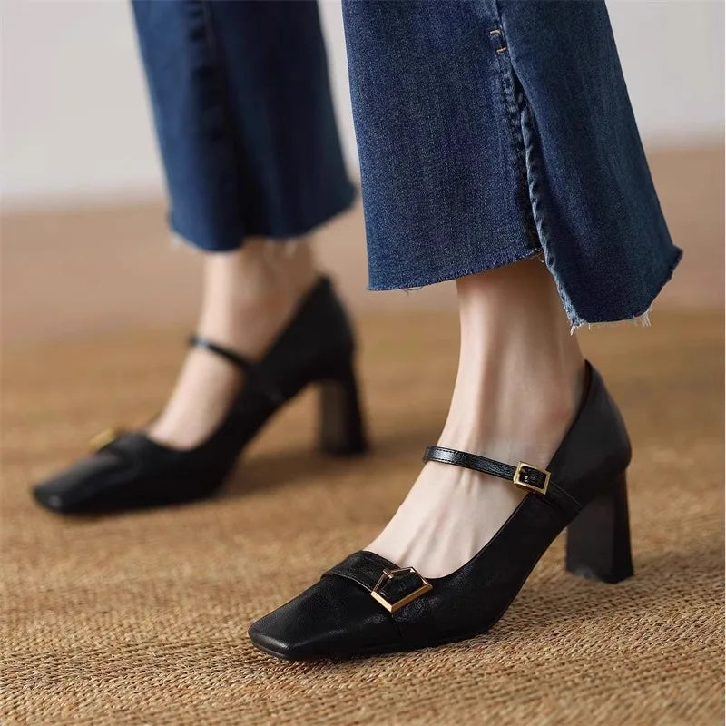 Metal Buckle Decoration Mary Jane Shoes Comfortable Leather High Heels Elegant Chunky Heel Zapatos De Mujer