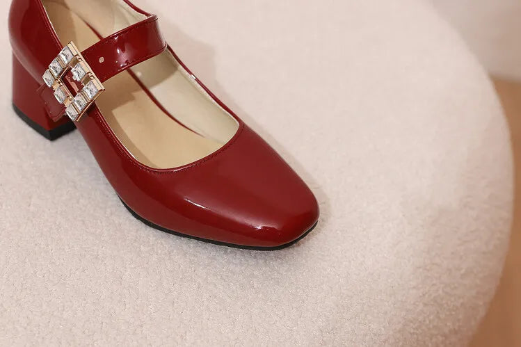Plus Size 48 Patent Leather Mary Jane Shoes Sparkly Crystal Rhinestone Burgundy White Block Heel Pumps Party Shoe