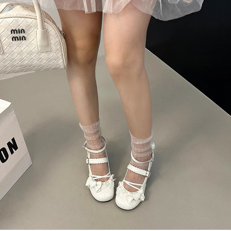 Butterfly-knot Lolita Mary Jane Shoes Elegant Round Toe Thick Heel Shoes Dress Pumps