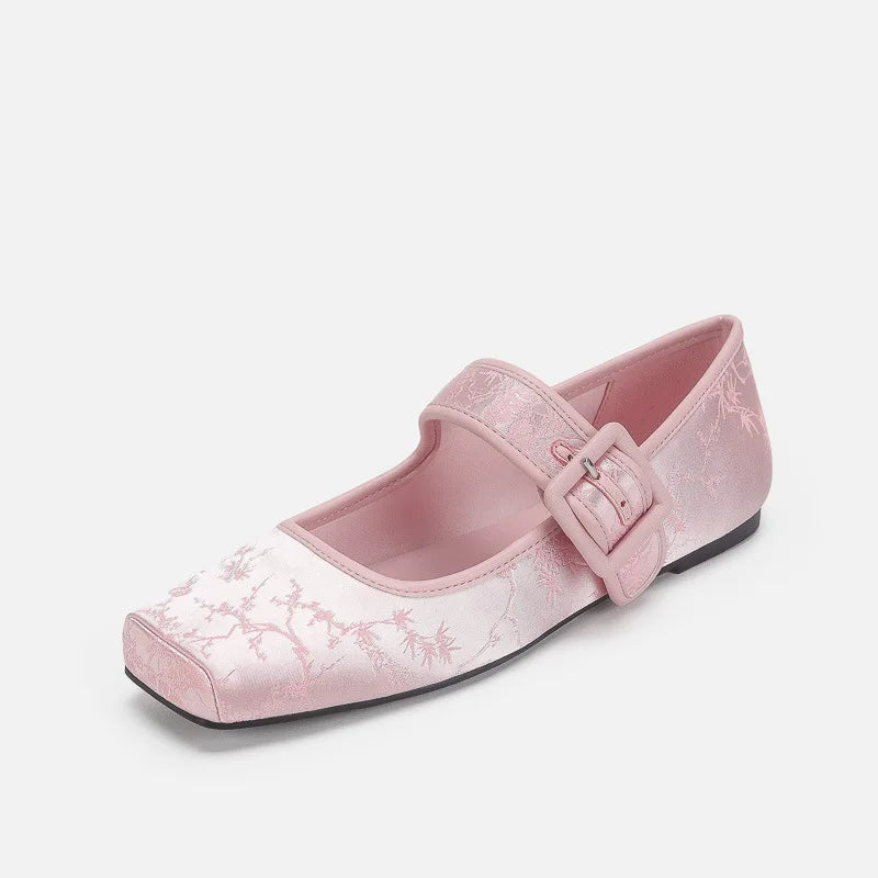Silk Embroidery Ballerinas Woman Pig Toe Flats Shoes Belt Buckle Silky Mary Janes Wedding Brides Ballets Loafers