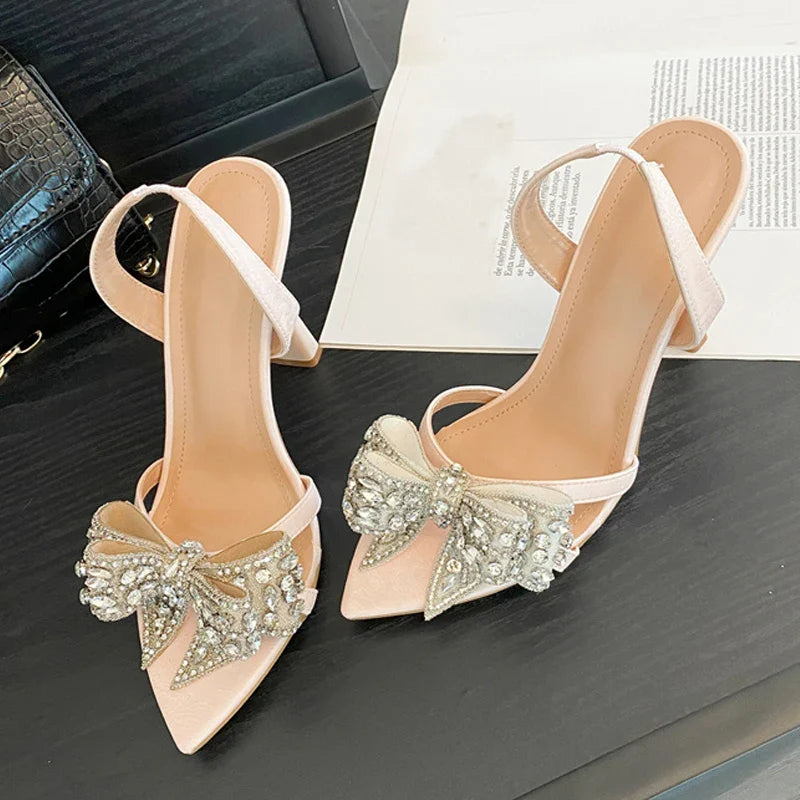 Crystal Rhinestone Bowknot Pointed Open Toe Back Strap Sandals Pink High Heels Wedding Prom Shoes Size 35-41