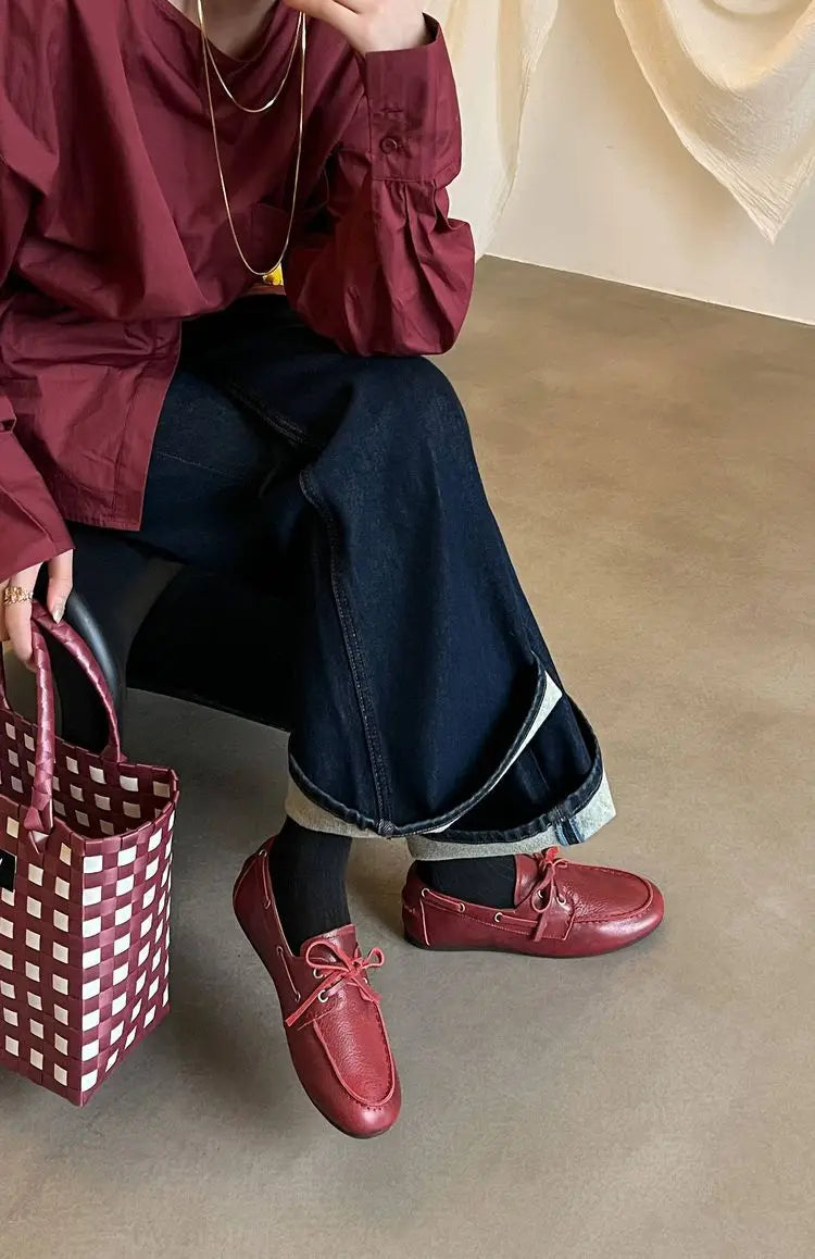 Leather Flats Shoes Loafers Round toe Vintage Suede Leather Casual British Style Flat Single Shoes