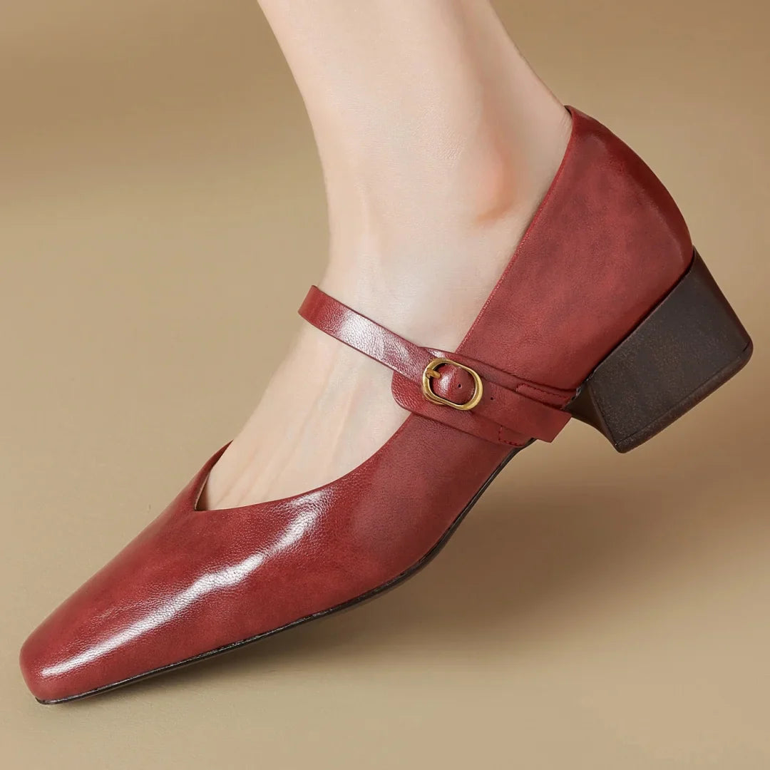 genuine leather square toe Slip-on Mary Jane pumps 4cm thick low heel elegant daily dress heeled shoes