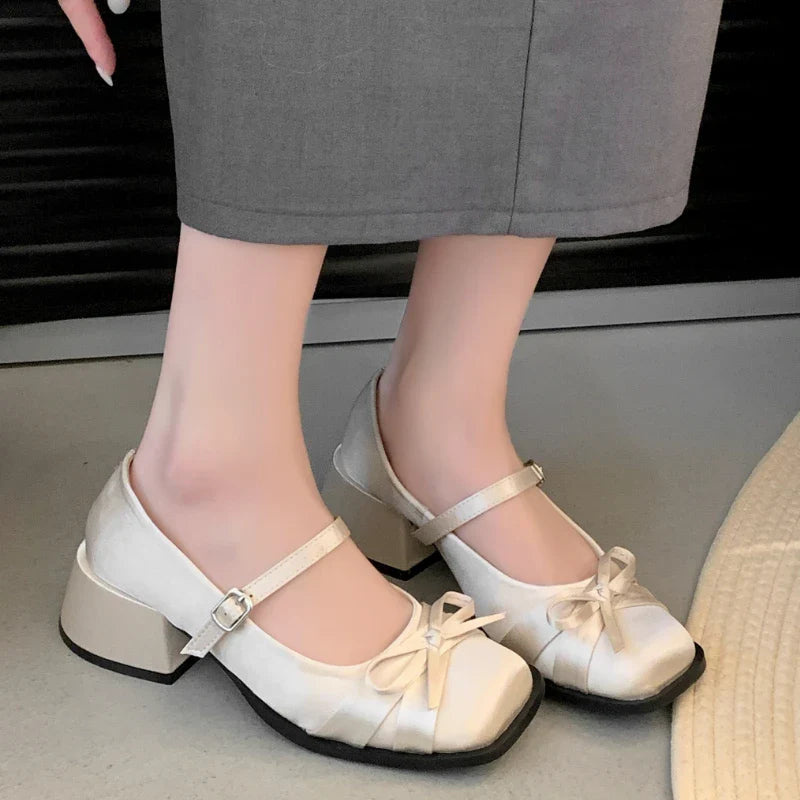 Pink bow high heels and square-headed silk ribbon buckle single shoes shallow thick-heeled shoes