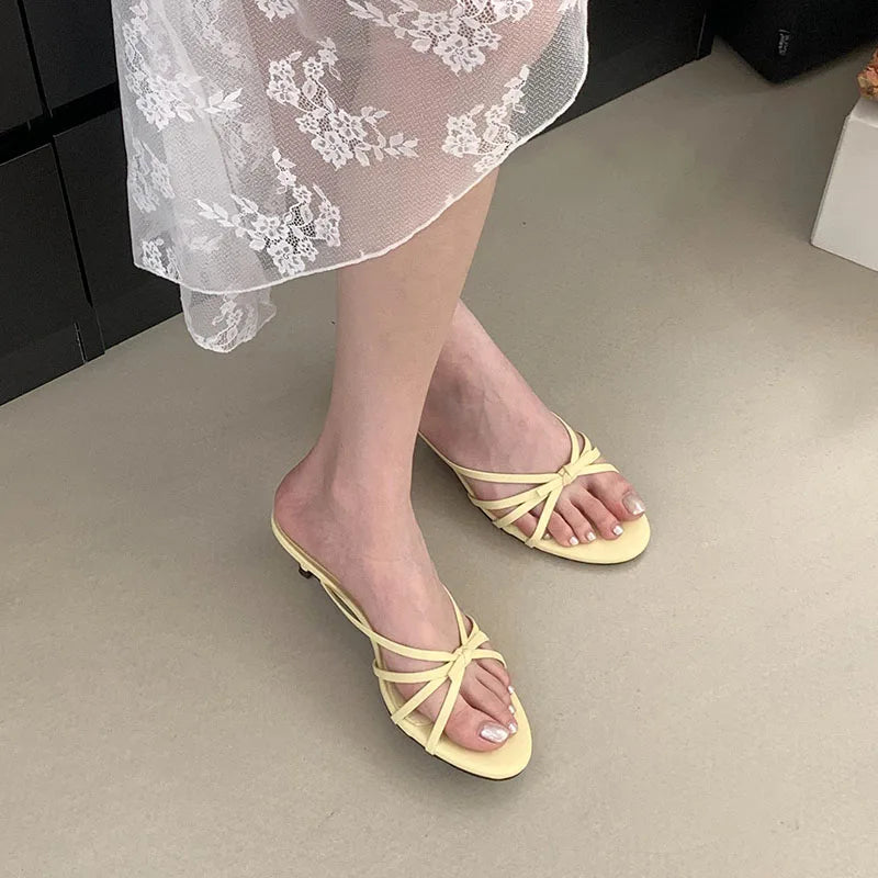 Butterfly-Knot Low Heel Slippers Shoes Round Toe Heeled Slippers