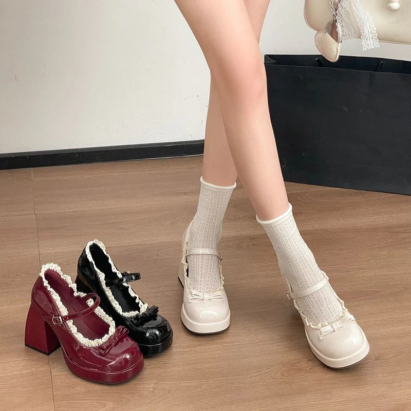 Platform High Heel Mary Jane Shoes Butterfly-knot Lace Shoes 2026 Wedding Party Shoes