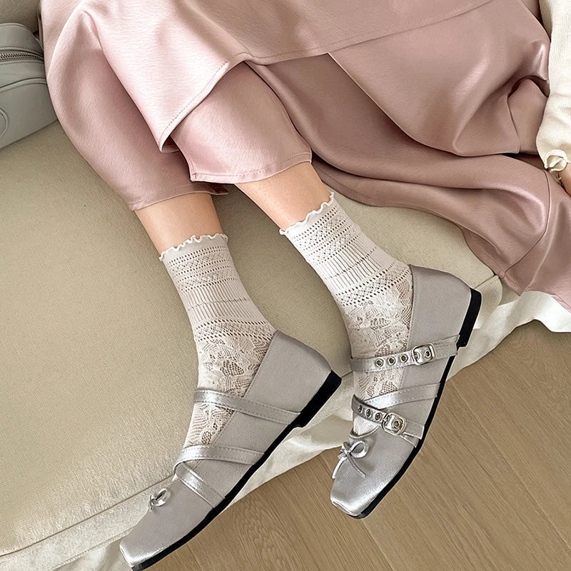 Butterfly-knot Flat Mary Jane Comfort Soft Sole Elegnat Square Toe Dress Ballets Shoes
