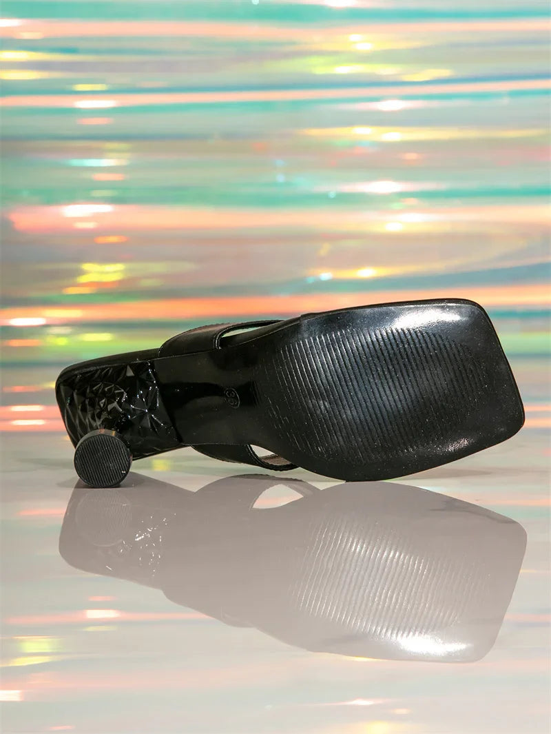 Cozy Black Leather Narrow Band Flip Flops 8.5CM Strange High Heels Slides Shoes Beach Party Slipper Sandalias