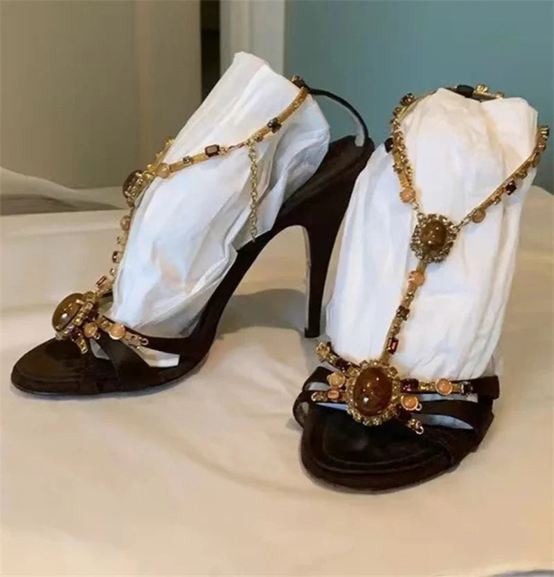 Bohemian Style Gem Ankle Strap Sandals Silk Open Toe Gladiator High Heels Wedding Prom Shoes Zapatos Mujer