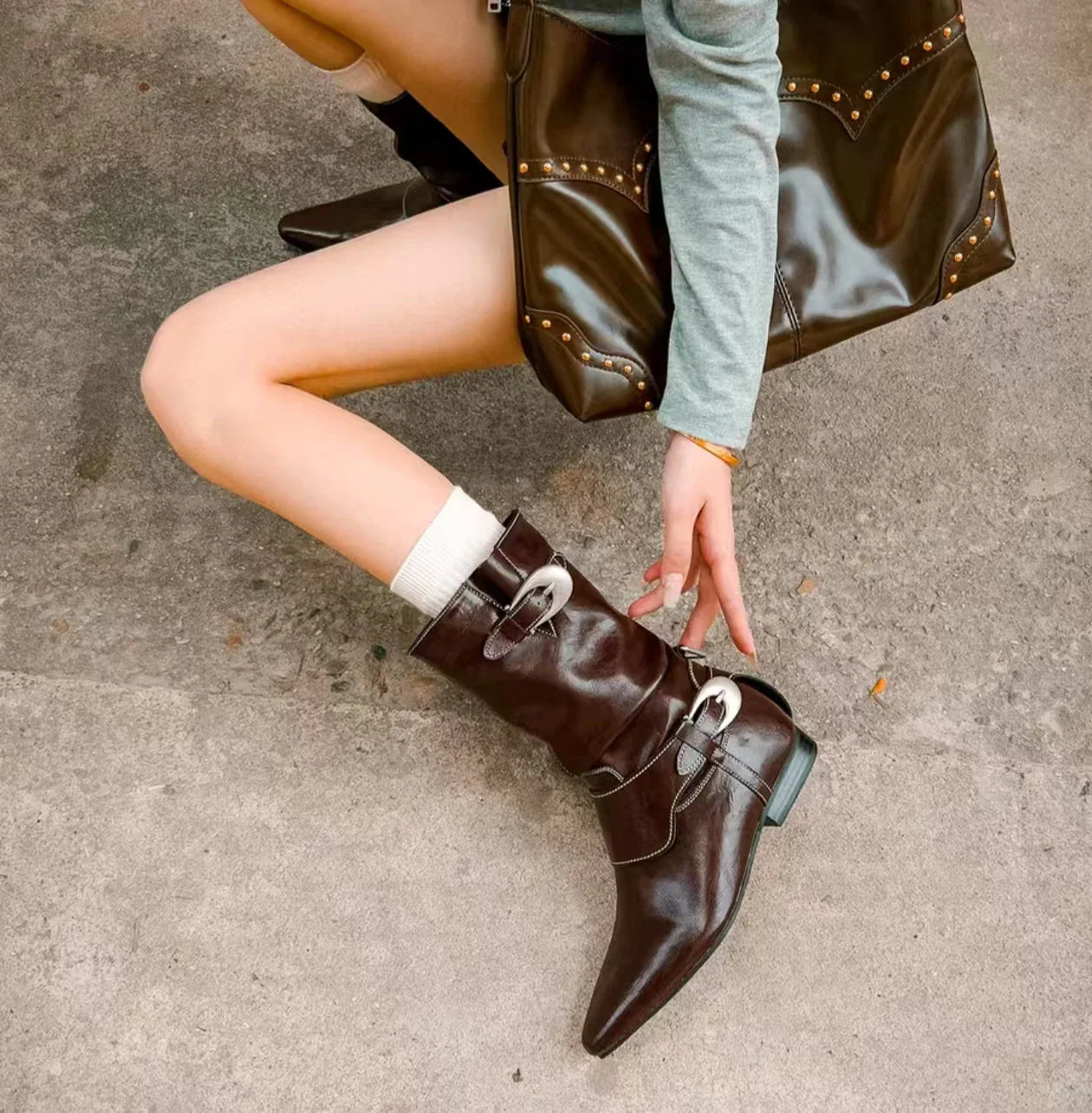 Round Toe Square Heel Elegant Mid-calf Boots Pin Buckle Decoration Solid Color Simple