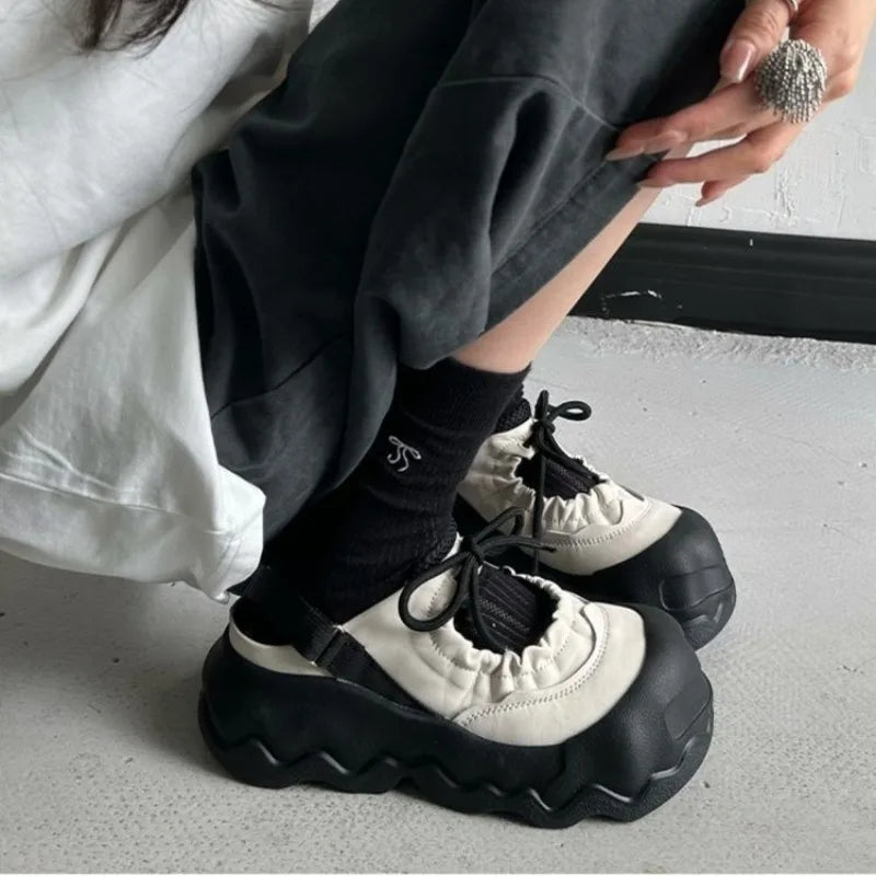 Street Explosion 5CM Mary Jane Sandals Wave Thick Bottom Lace Hollow Big Head Bread Shoes
