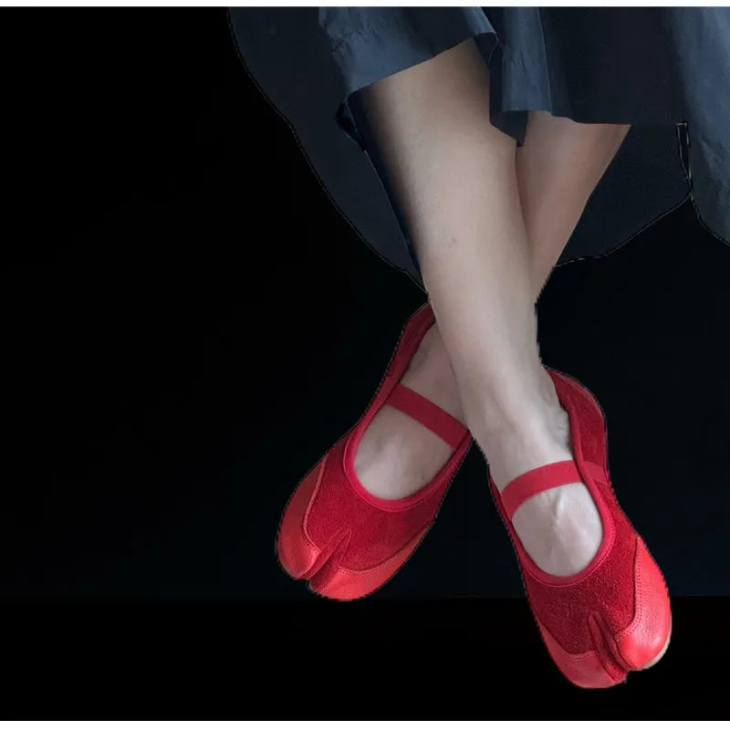 Split toe Faux suede Patchwork Tabi Ballet Flats Mary Janes Walking Loafers Casual Girls Dance Shoes