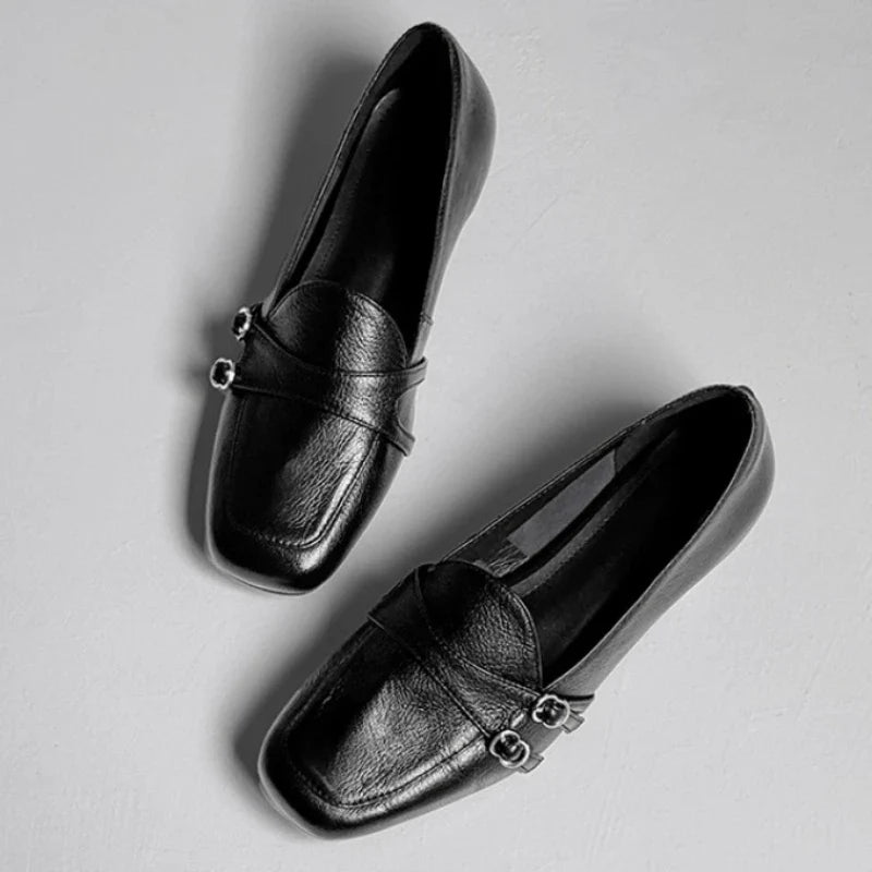 Elegant Burgundy Square Toe Loafers Metal Buckle Stitching Shoes Comfortable Commuting Flat Office Shoes