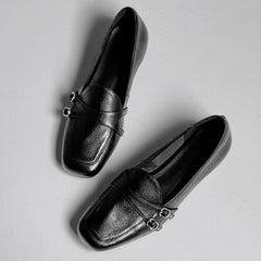 Elegant Burgundy Square Toe Loafers Metal Buckle Stitching Shoes Comfortable Commuting Flat Office Shoes