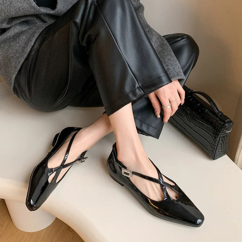 Retro Round Toe Cross Water Diamond With Casual Coarse Heel Mary Jane Shoes French Single Shoes