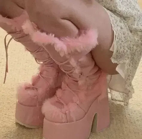 Snow Boots Platform Wedge High Heel Faux Fur Lady Shoes Plush Warm Non-slip Mid Calf Boots Goth Shoes