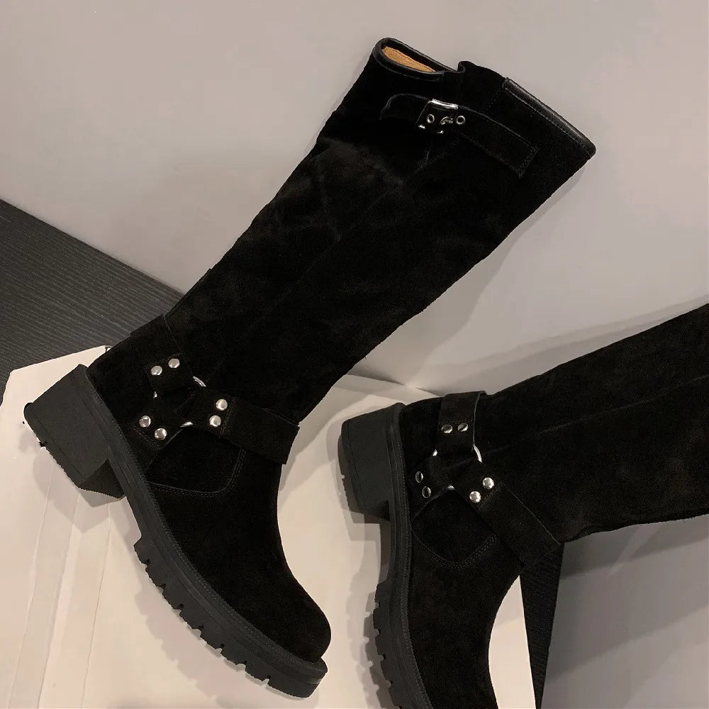natural suede leather slip-on knee high boots thick sole platform flats long boots metal buckle punk shoes