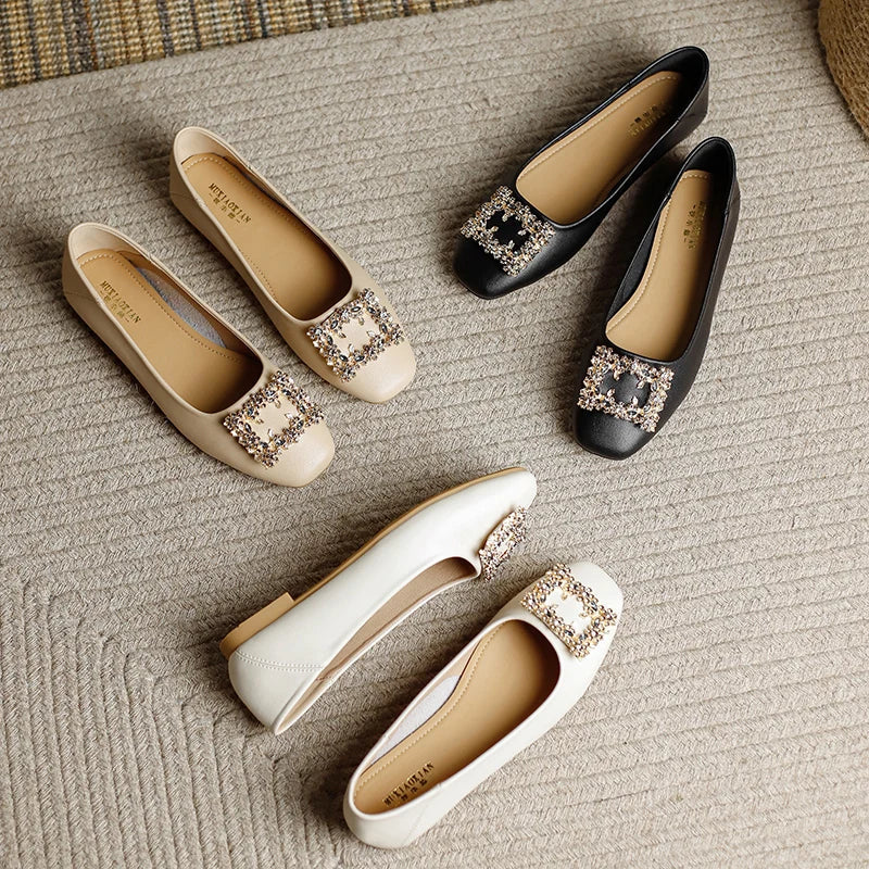 Rhinestone Lace square buckle Square Closed Toe Slip On Flat Shoes Solid