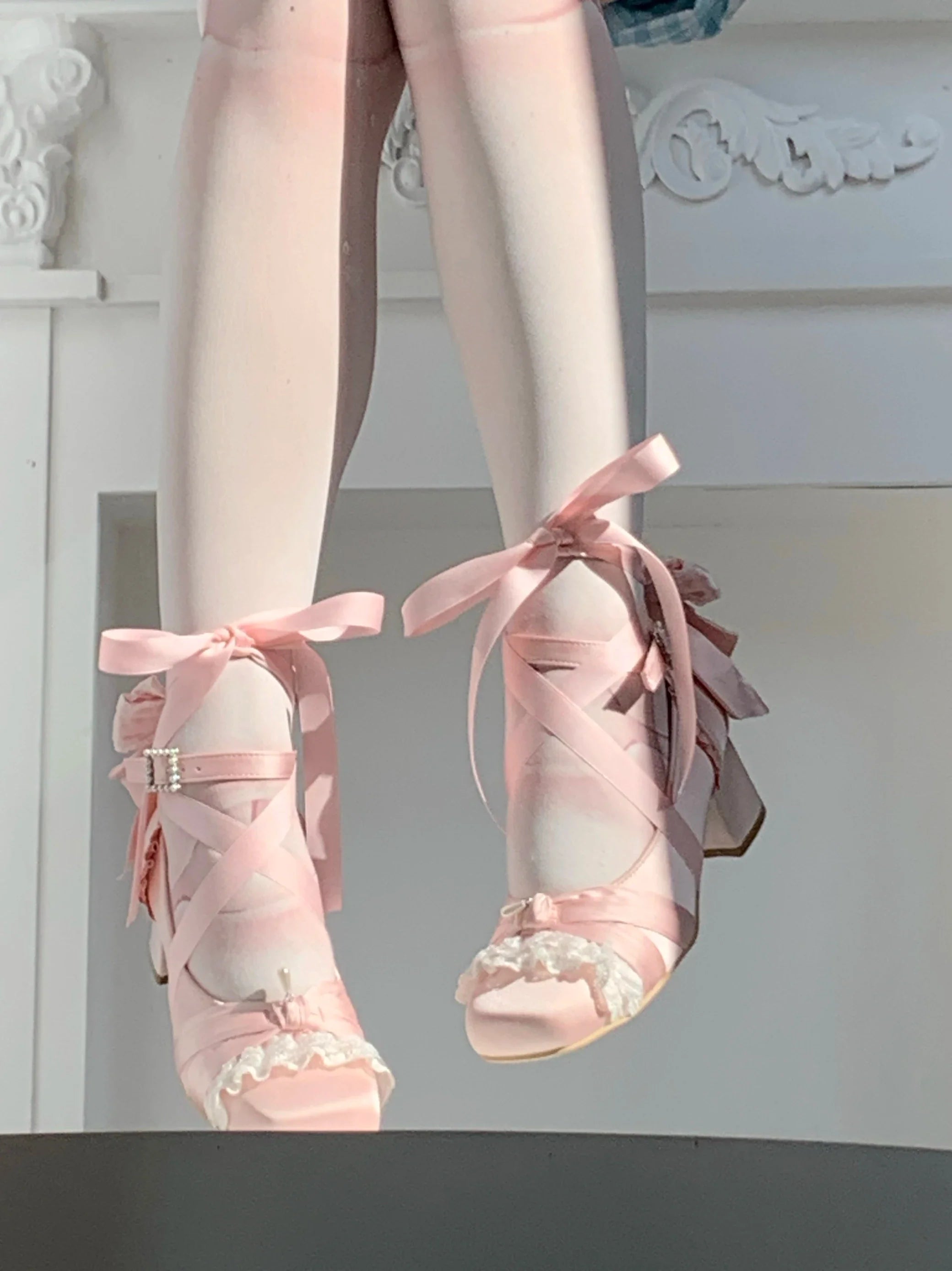 Pink Lolita Shoes Ballet Thick Heel High Heels Mary Jane Shoes Satin Elegant Platform Waterproof Pumps Original