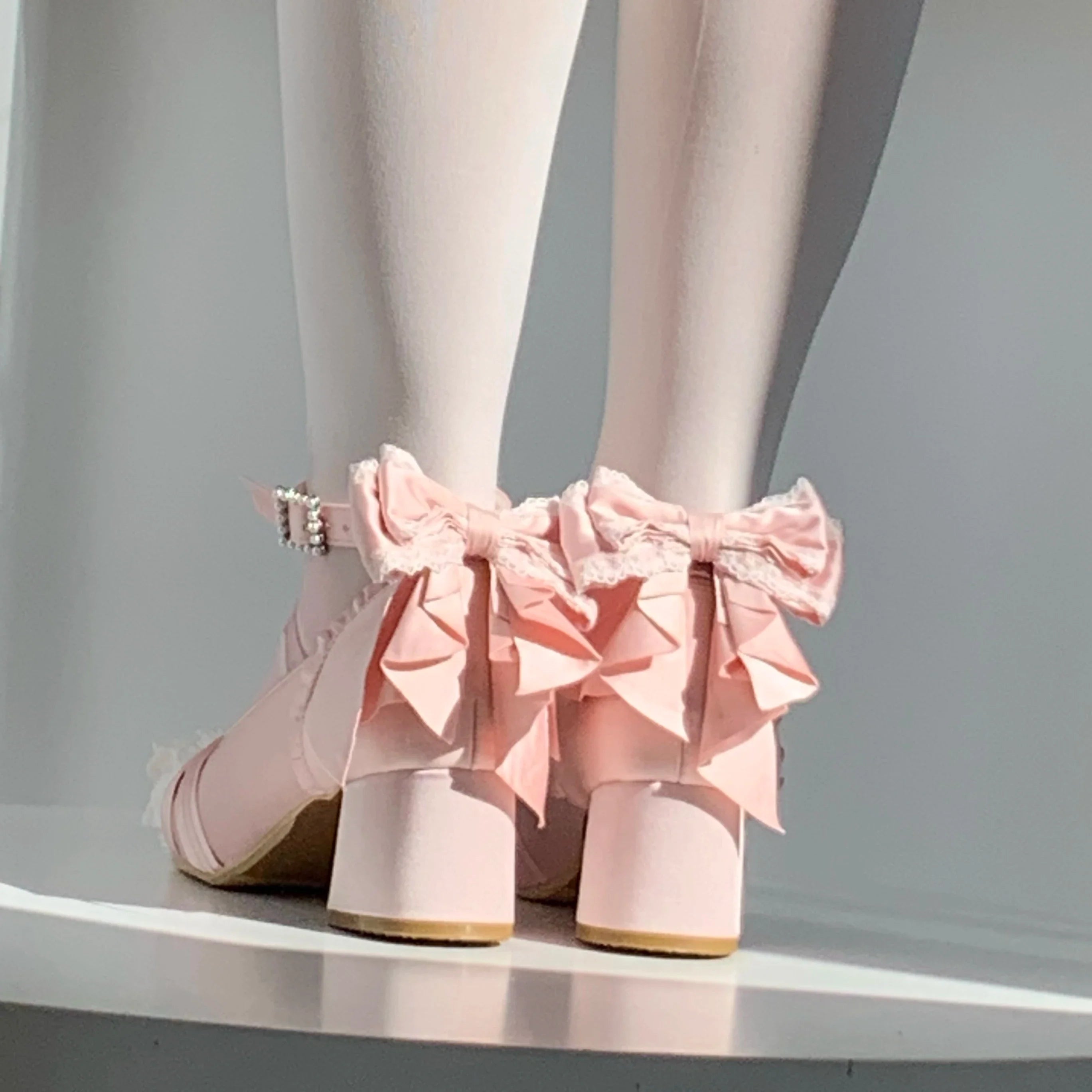 Pink Lolita Shoes Ballet Thick Heel High Heels Mary Jane Shoes Satin Elegant Platform Waterproof Pumps Original