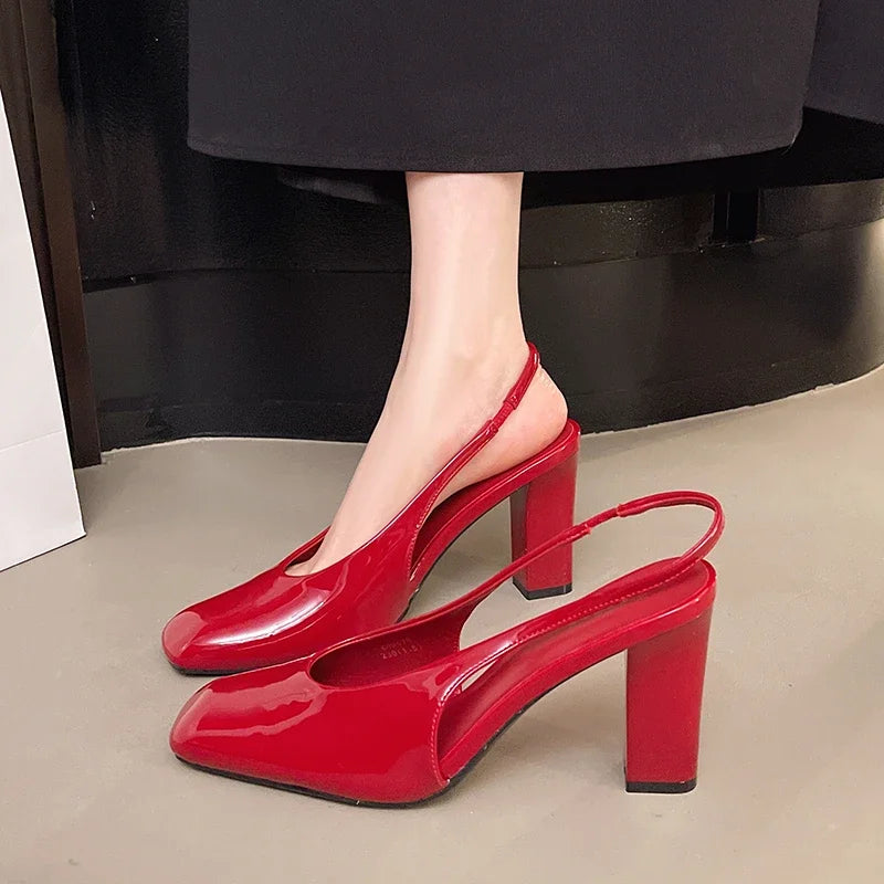 Patent leather sexy high heels square toe openheeled dress shoes elegant party dress shoes large size